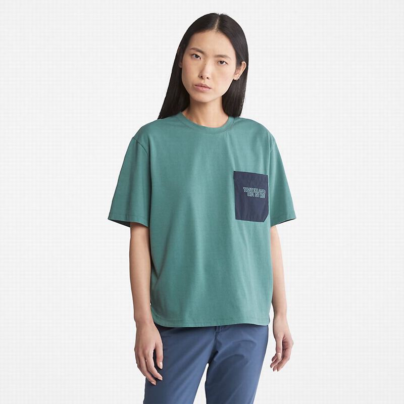 Timberland Stacked Logo Majice Tirkizne | 44167128